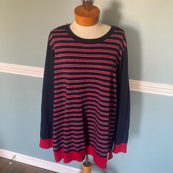 TALBOTS NAVY BLUE, RED,SILVER SPARKLE STRIPED SWEATER SIZE 3X. Holiday nautical - Picture 1 of 9